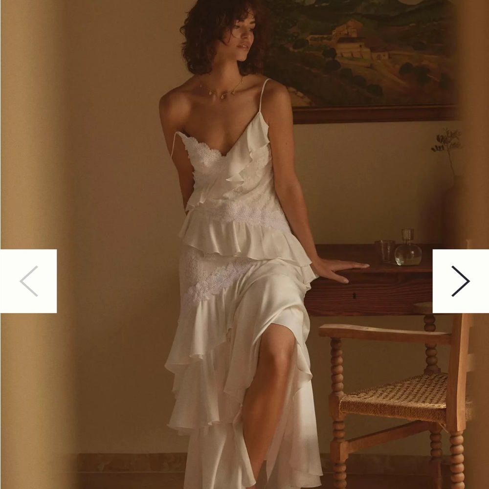 BHLDN V-NECK TIERED RUFFLE LACE SATIN MAXI DRESS